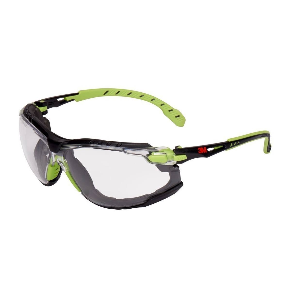 Gafas de protección 3M Solus 1000, patillas verde/negro, tratamiento antivaho/antirayas Scotchgard (K&N), lentes transparentes, montura y cinta de espuma, S1201SGAFKT-EU