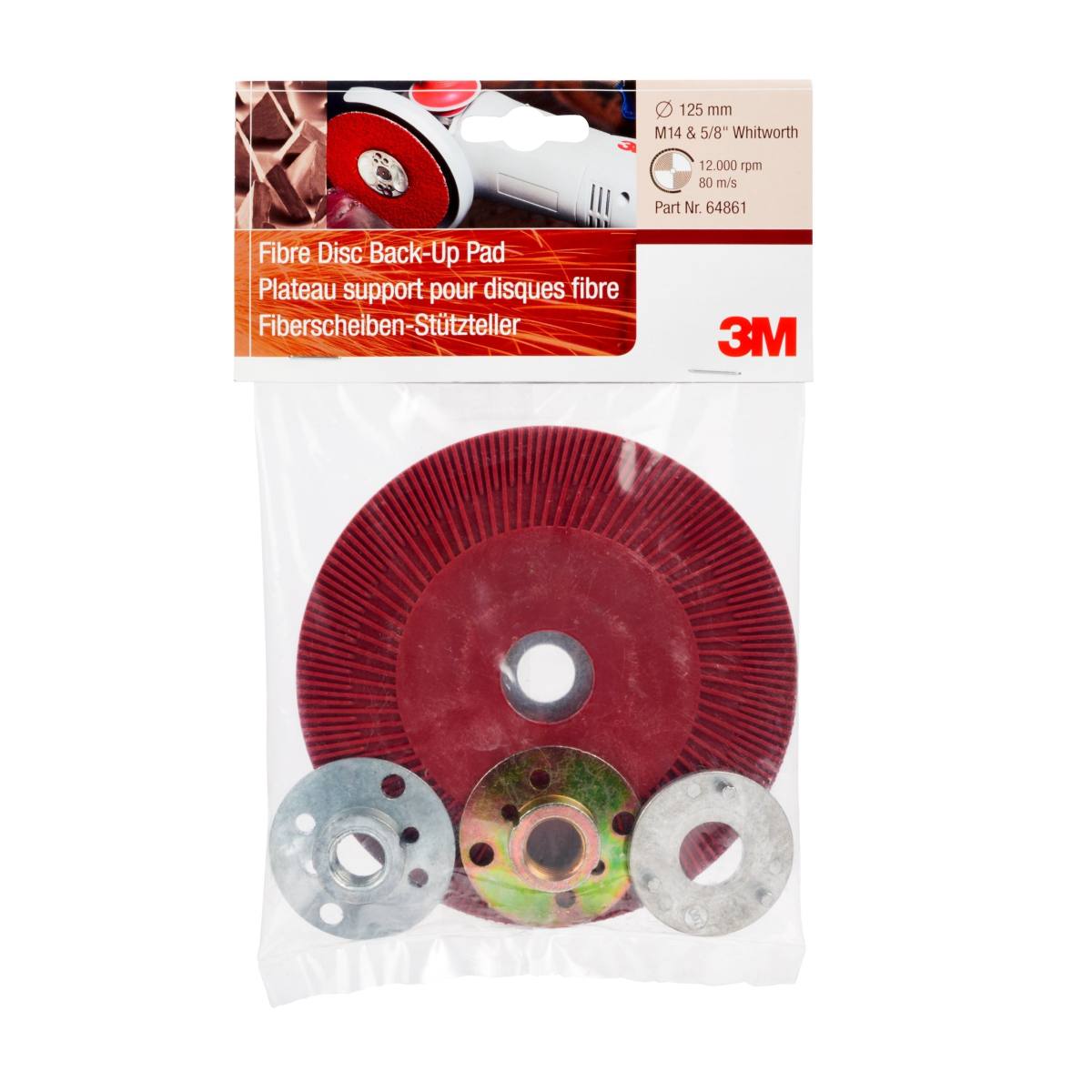 3M heavy-duty backing pad, red, 125 mm, M14, ribbed, very hard #64861