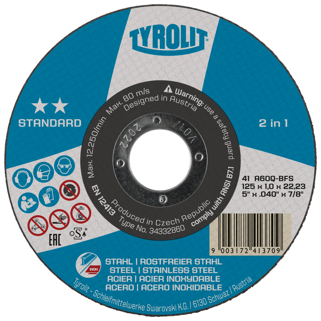 TYROLIT cut-off wheels DxDxH 115x1.0x22.23 2in1 for steel and stainless steel, shape: 41 - straight version, Art. 34332859