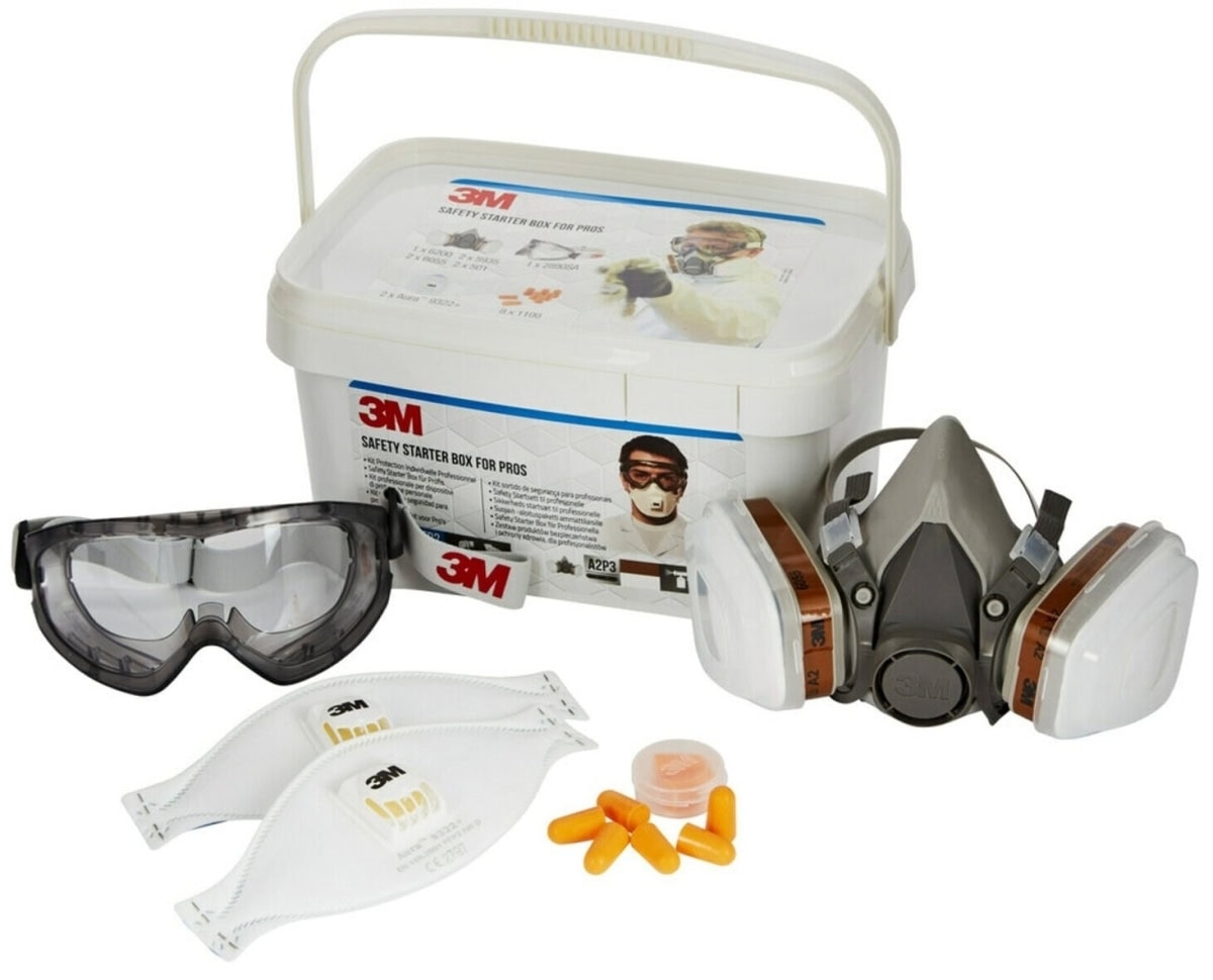 3M Safety Box 1000MCWE Contenuto: 1 semimaschera 6200M, 2 filtri antigas 6055 A2, 2 filtri antiparticolato 5935 P3R, 2 maschere antiparticolato 501, 2 maschere antiparticolato 9322+, 8 tappi auricolari 1100, 1 occhiale a visione totale 2890SA