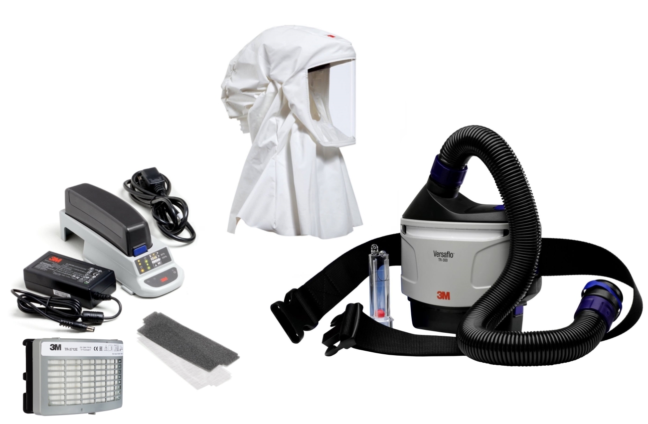 3M TR-315E+ Kit de démarrage Versaflo comprenant le TR-302E, les accessoires et la cagoule légère jetable 3M Versaflo S533L avec support de tête intégré, blanc, matériau robuste, ne crépitant pas et ne peluchant pas, protection supplémentaire pour le