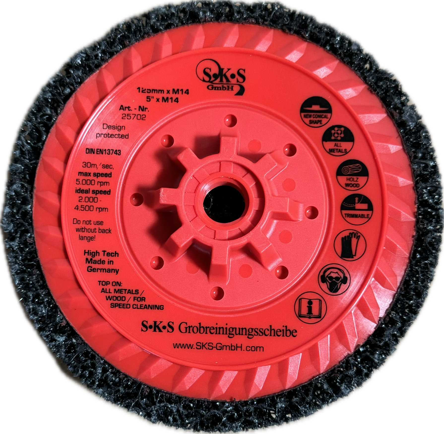 S-K-S coarse cleaning wheel 2 generation, 125mm with M14 thread, conical for better processing and more removal during grinding, without center hole on the grinding wheel