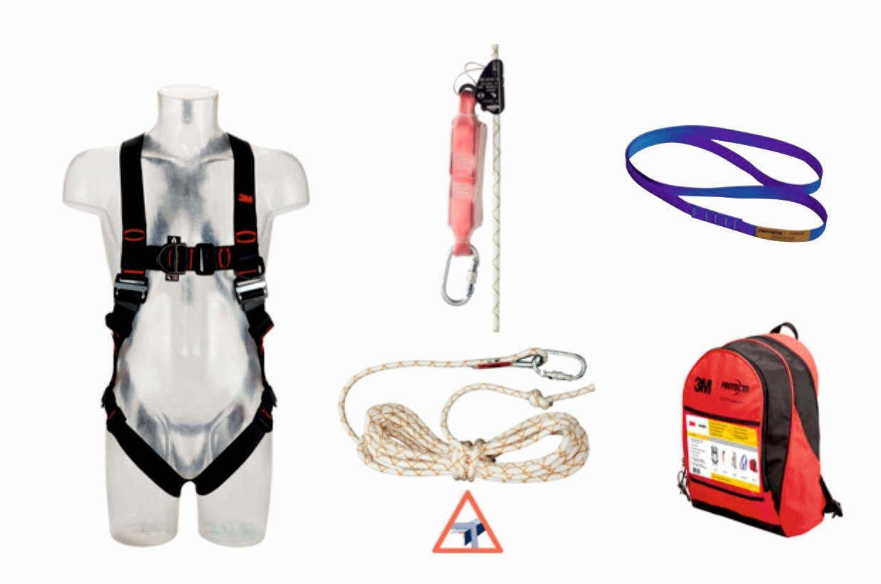 Kit professionnel couvreur 3M PROTECTA, harnais de sécurité 2 points (1161610), antichute mobile (AC4002), corde à âme, 10 m (AC4010), sangle 1 m (AM450/100), sac à dos (9513331), M/L