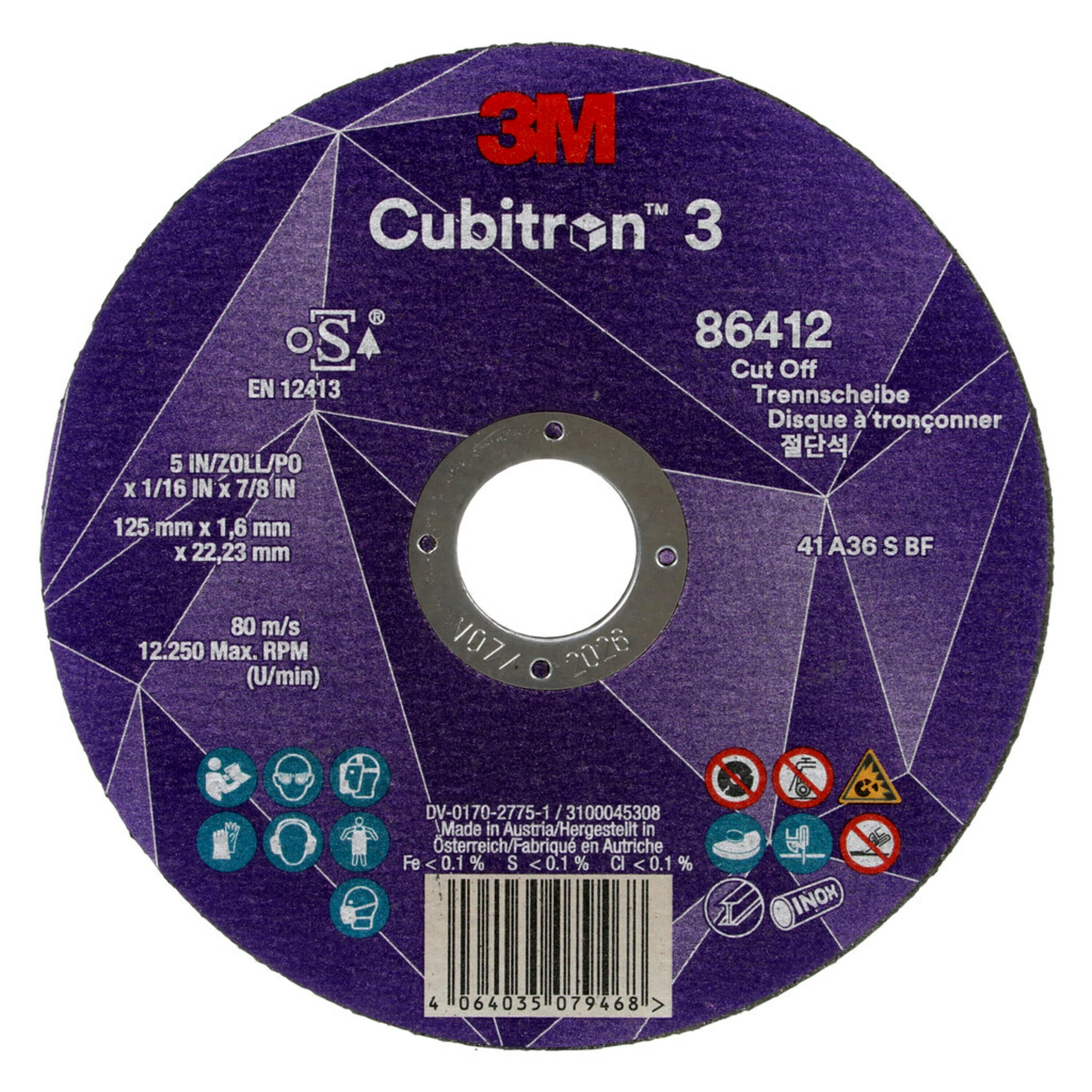 Disco de corte 3M Cubitron 3, 125 mm, 1,6 mm 22,23 mm, 36 , tipo 41 #86412