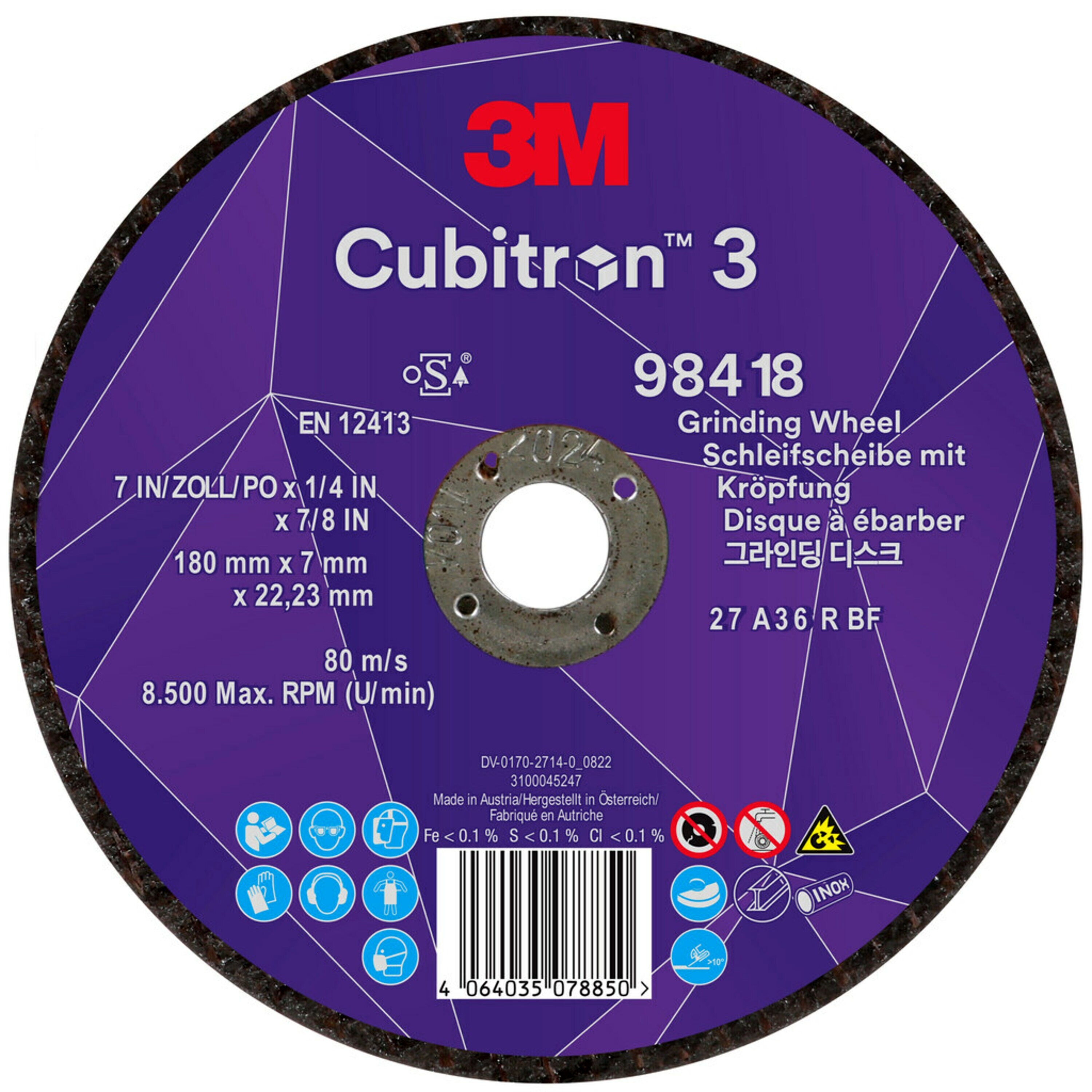 3M Cubitron 3 grinding disc, 180 mm, 7.0 mm, 22.23 mm, 36+, type 27 # 98418