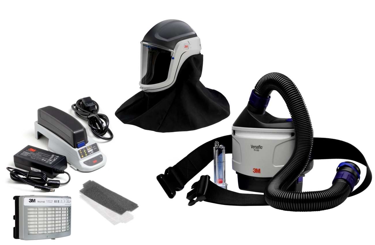 3M TR-315E+ Versaflo starter pack incl. TR-302E, accessories and 3M Versaflo safety helmet M406 with hard-wearing neck and shoulder cover and polycarbonate visor, clear