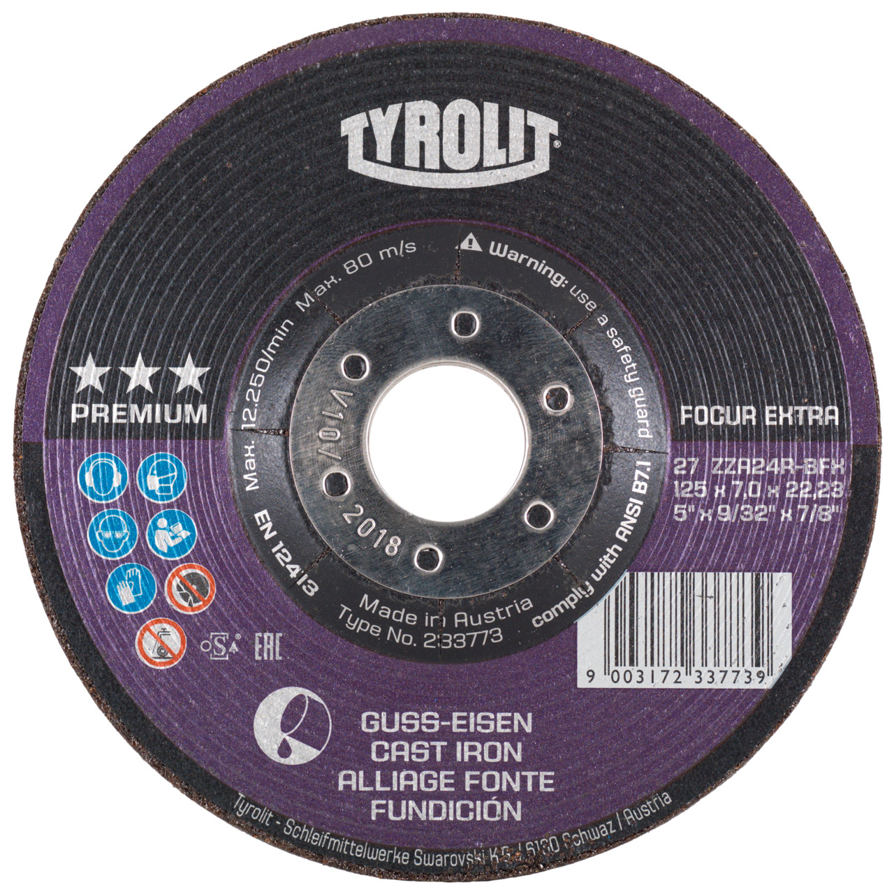 TYROLIT disco de desbaste DxUxH 125x7x22,23 FOCUR Extra para fundición gris, forma: 27 - versión offset, Art. 233756
