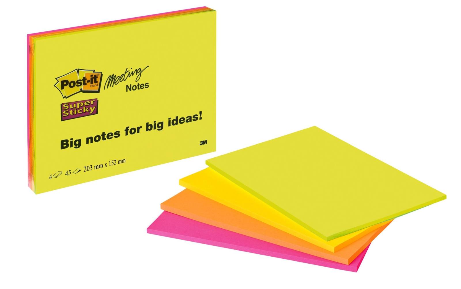 3M Post-it Super Sticky Meeting Notes 6845-SSP, 203 mm x 152 mm, verde neón, naranja neón, amarillo ultra, rosa ultra, 4 blocs de 45 hojas cada uno
