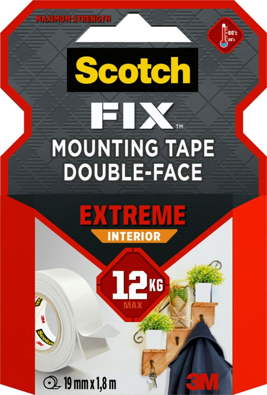 3M Scotch-Fix Extreme Ruban de montage intérieur PGS05-1918-P, 19 mm x 1,8 m, Tient jusqu'à 12 kg, 1 kg/15 cm