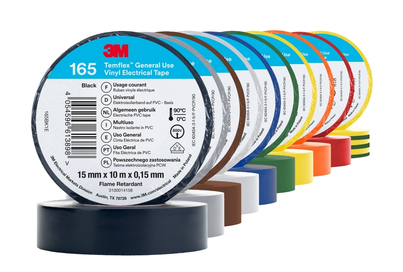 3M Temflex 165 Ruban isolant électrique en vinyle, arc-en-ciel, 1 rouleau de chaque couleur : blanc, rouge, noir, vert, bleu, jaune, gris, marron, 15 mm x 10 m, 0,15 mm