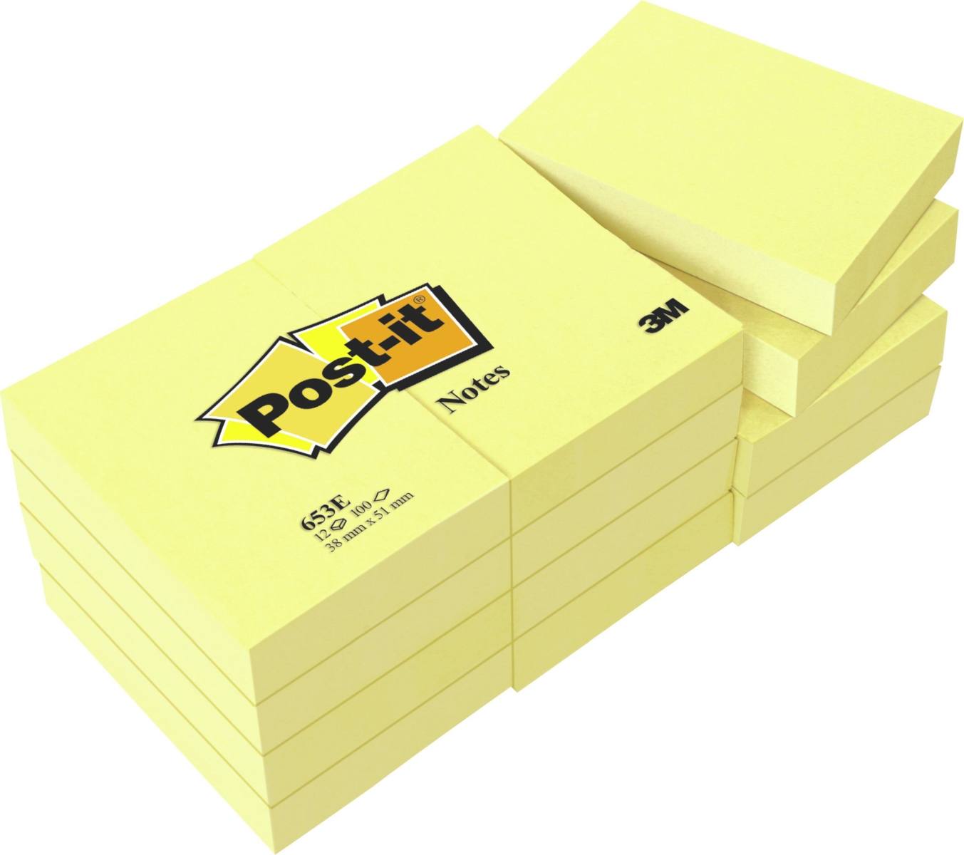 3M Post-it Notes 653E, 51 mm x 38 mm, amarillo, 12 blocs de 100 hojas cada uno