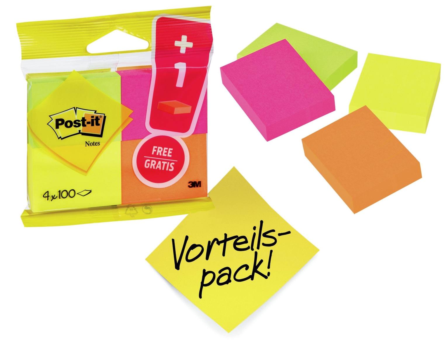 3M Post-it Notes 6812P, 51 mm x 38 mm, neon geel, neon groen, neon oranje, neon roze, 4 pads van elk 100 vellen