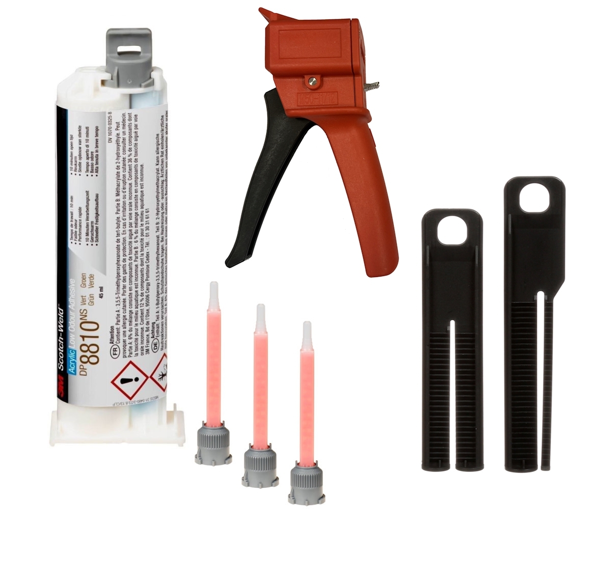 Starter set: 1x adesivo da costruzione bicomponente 3M Scotch-Weld Sistema EPX DP8810NS, verde, 45 ml 1x utensile manuale S-K-S per cartucce EPX da 38 a 50 ml, incluso pistone di alimentazione 2:1 & 10:1, 3x ugello di miscelazione