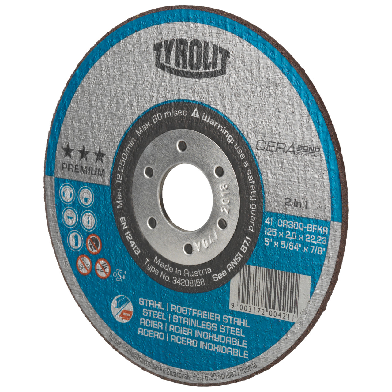 TYROLIT CERABOND cut-off wheel DxDxH 125x1.6x22.23 2in1 for steel and stainless steel, shape: 41 - straight version, Art. 34256266