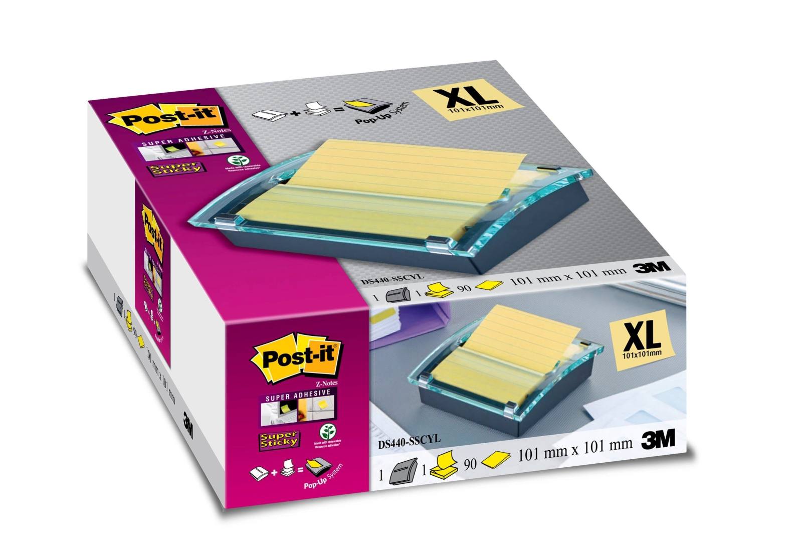 3M Post-it Super Sticky Z-Notes Dispenser DS440SCY, 1 dispensador de Z-Notes, negro/transparente incl. 1 bloc de Post-it Super Sticky Z-Notes con 90 hojas, amarillo, rayado, 101 mm x 101 mm, certificado PEFC