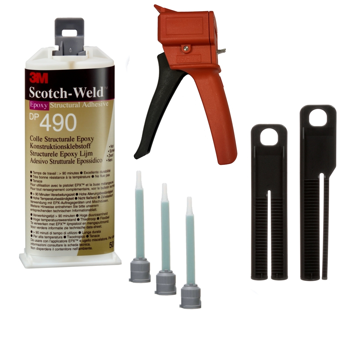 Starter set: 1x 3M Scotch-Weld 2-component construction adhesive EPX System DP490, black, 50 ml, 1x S-K-S hand tool for EPX 38 to 50 ml cartridges incl. feed piston 2:1 & 10:1, 3x mixing nozzle