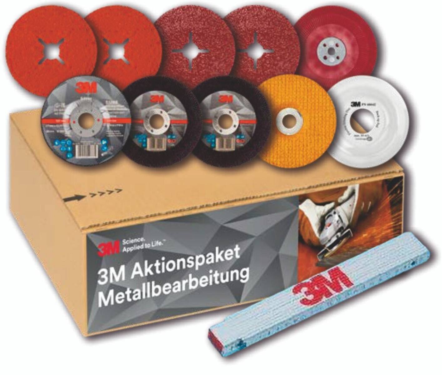 3M special offer package: 2x fibre disc 987C 125mm, 36 , 2x fibre disc 782C 125mm, 36 , 1x backing pad fibre discs hard/ribbed, 1x Silver grinding disc 125mmx7mm, 2x Silver cutting disc 125mmx1mm, 1x Flex Grind grinding disc 125mm, 36 , 1x backing pa