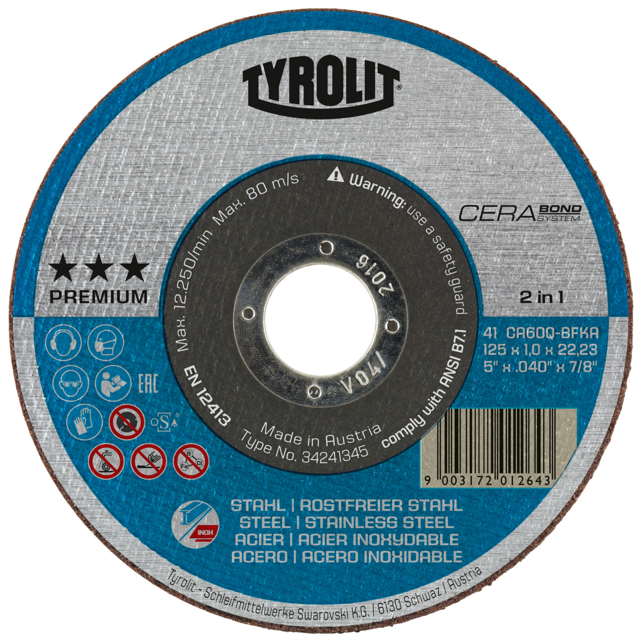 TYROLIT CERABOND cut-off wheel DxDxH 115x1.0x22.23 2in1 for steel and stainless steel, shape: 41 - straight version, Art. 34241344