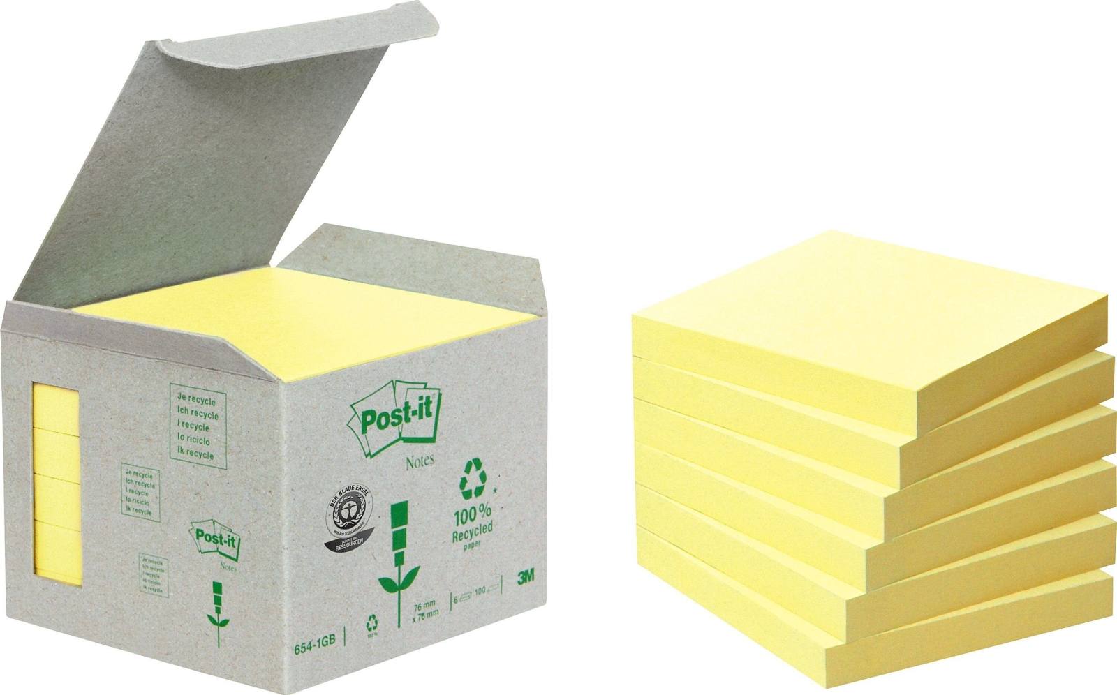 3M Post-it Recycling Notes 6541B, 76 mm x 76 mm, yellow, 6 pads of 100 sheets each
