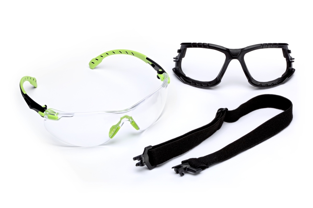 3M Solus 1000 safety spectacles, green/black temples, Scotchgard anti-fog/anti-scratch coating (K&N), clear lens, foam frame and headband, S1201SGAFKT-EU