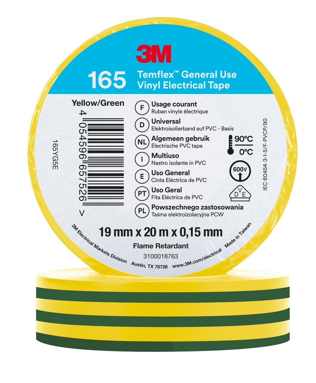 3M Temflex 165 vinyl electrical insulating tape, green/yellow, 19 mm x 20 m, 0.15 mm