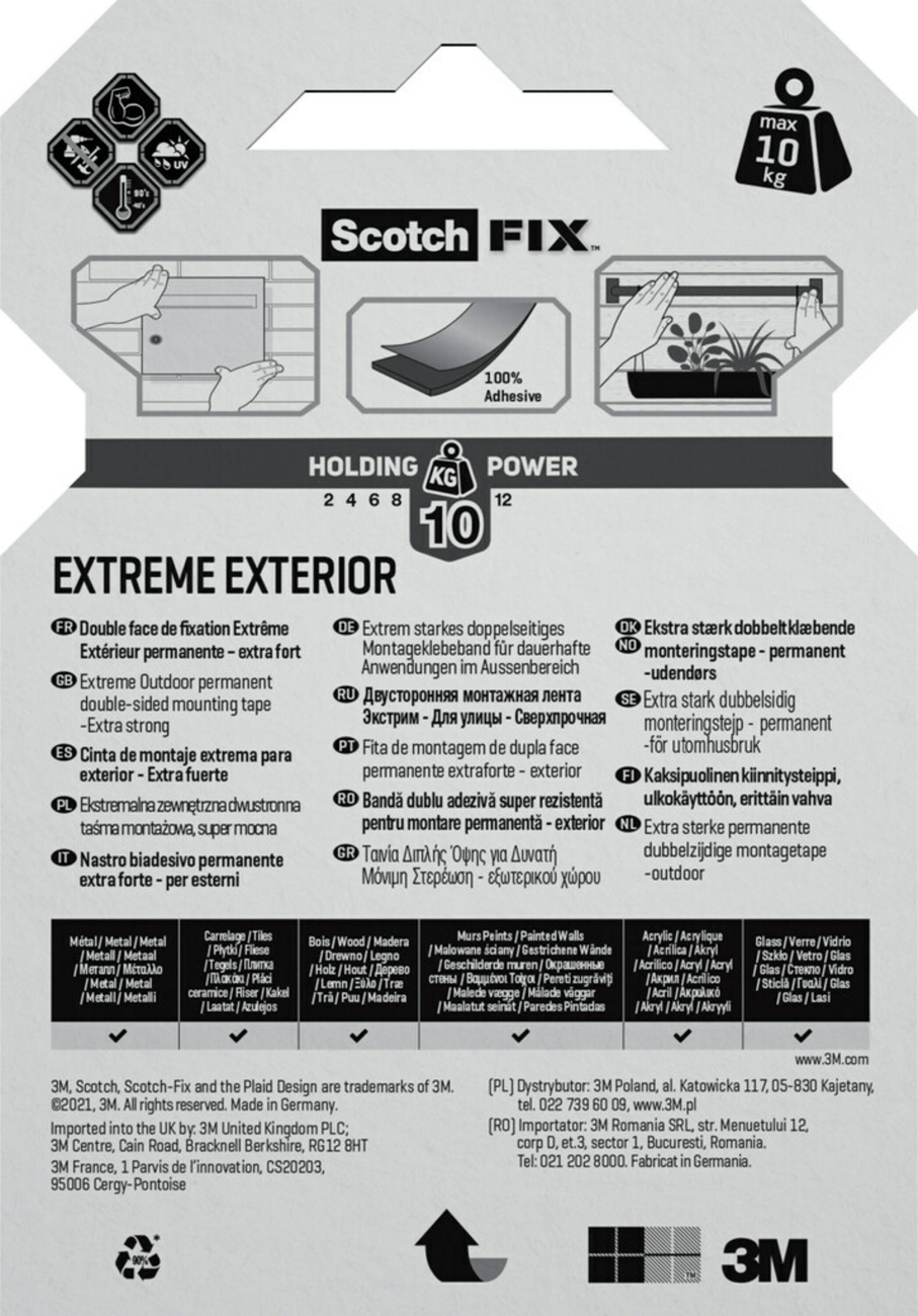 3M Scotch-Fix Extreme zunanji montažni trak, 19 mm x 1,5 m, drži do 10 kg, 1 kg/15 cm