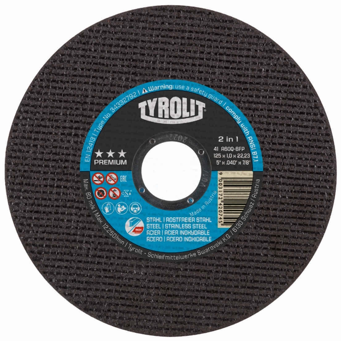 TYROLIT discos de corte DxDxH 125x1,0x22,23 discos de corte superfinos para acero y acero inoxidable, forma: 41 - versión recta, Art. 34332792 (premium)