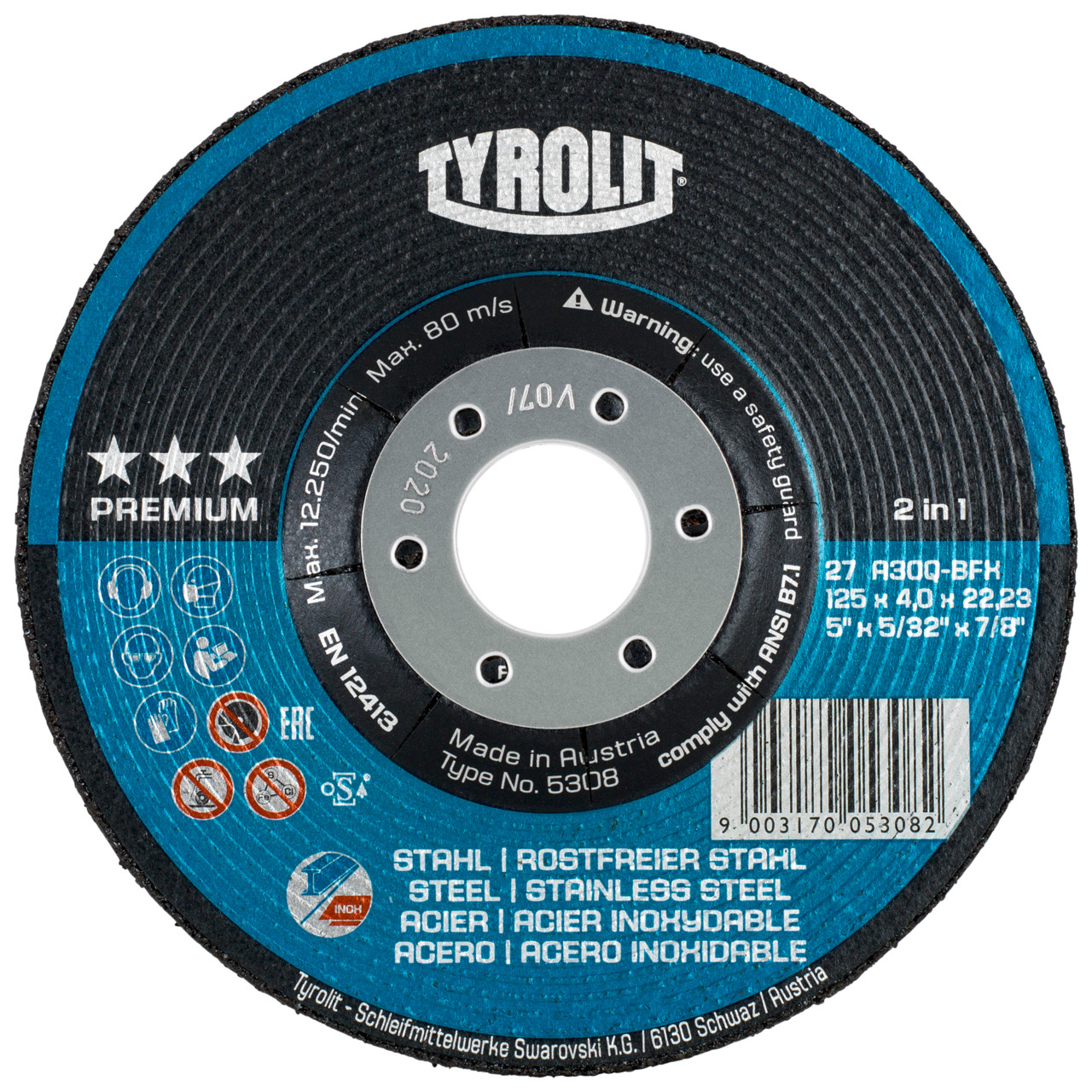 TYROLIT disco de desbaste DxUxH 115x7x22,23 2en1 para acero y acero inoxidable, forma: 27 - versión offset, Art. 34046120