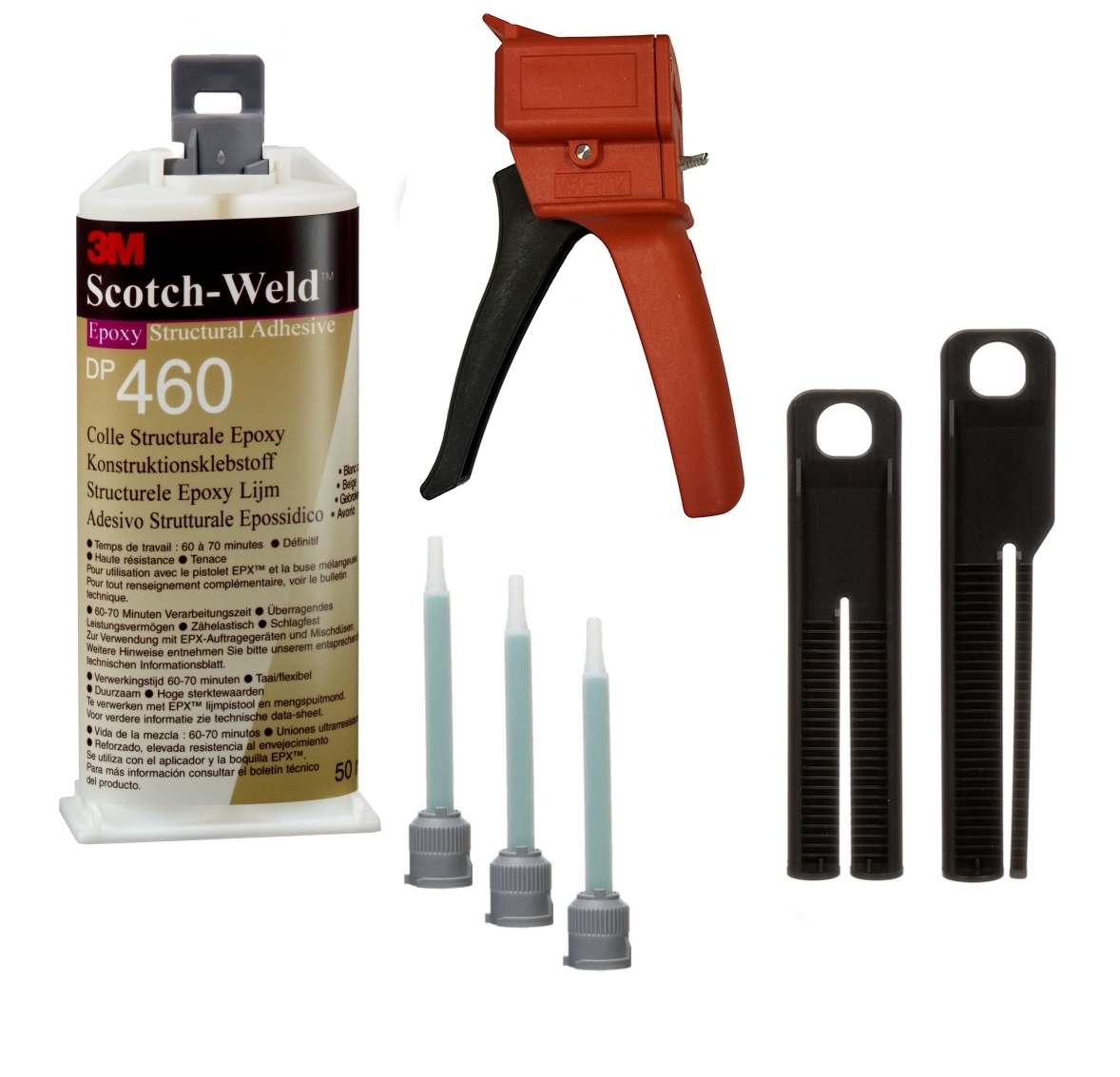 Starter set: 1x 3M Scotch-Weld 2-component construction adhesive EPX System DP460, beige, 50 ml, 1x S-K-S hand tool for EPX 38 to 50 ml cartridges incl. feed piston 2:1 & 10:1, 3x mixing nozzle