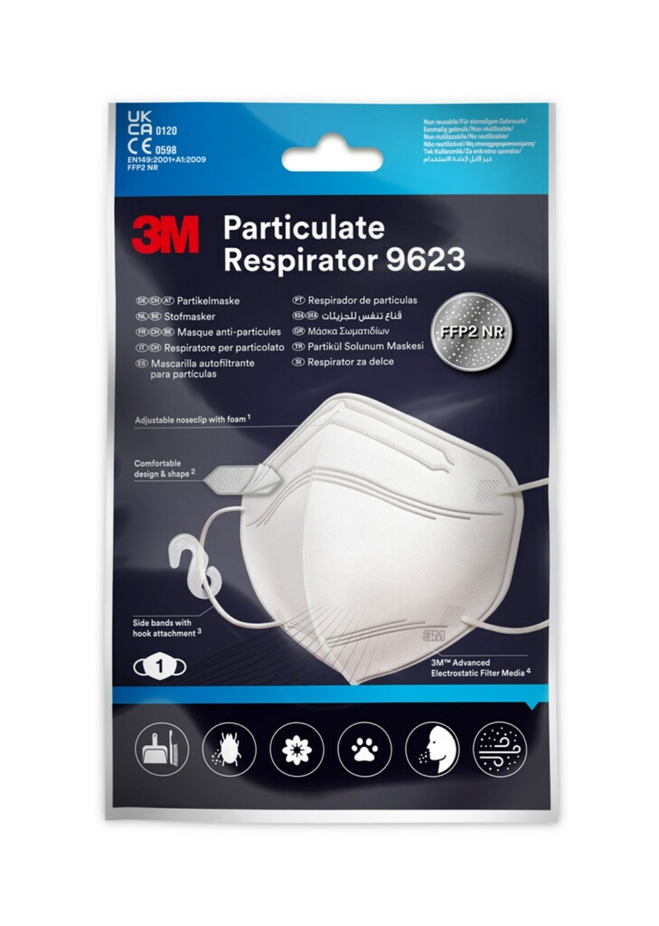 3M 9623 Respirator z masko proti delcem FFP2, do 10-kratnik mejne vrednosti, pakiranje = 1 kos, elastični gumijasti trakovi za pritrditev na uho (higiensko posamično pakirano)