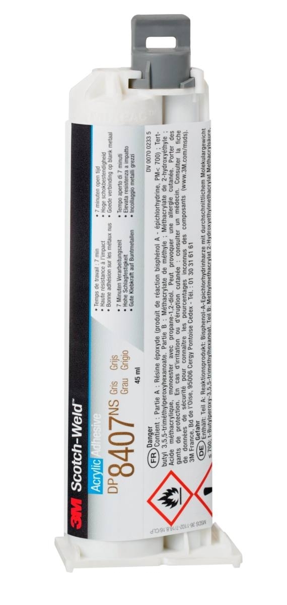 Začetni komplet: 1x 3M Scotch-Weld 2-komponentno gradbeno lepilo EPX System DP8407 NS, sivo, 45 ml 1x S-K-S ročno orodje za EPX 38 do 50 ml kartuše, vključno s podajnim batom 2:1 & 10:1, 3x mešalna šoba