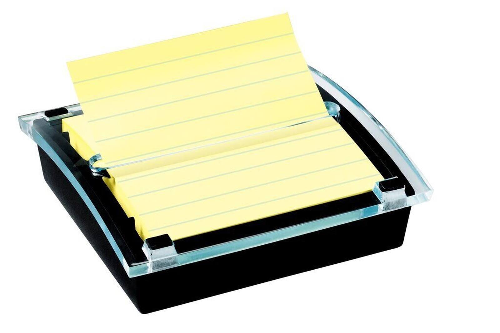 3M Post-it Super Sticky Z-Notes Dispenser DS440SCY, 1 dispensador de Z-Notes, negro/transparente incl. 1 bloc de Post-it Super Sticky Z-Notes con 90 hojas, amarillo, rayado, 101 mm x 101 mm, certificado PEFC