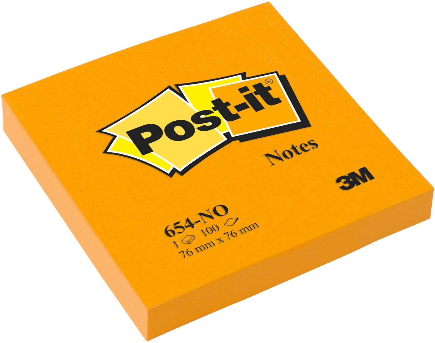 3M Post-it Notes 654NOR, 76 mm x 76 mm, naranja neón, 1 bloc de 100 hojas