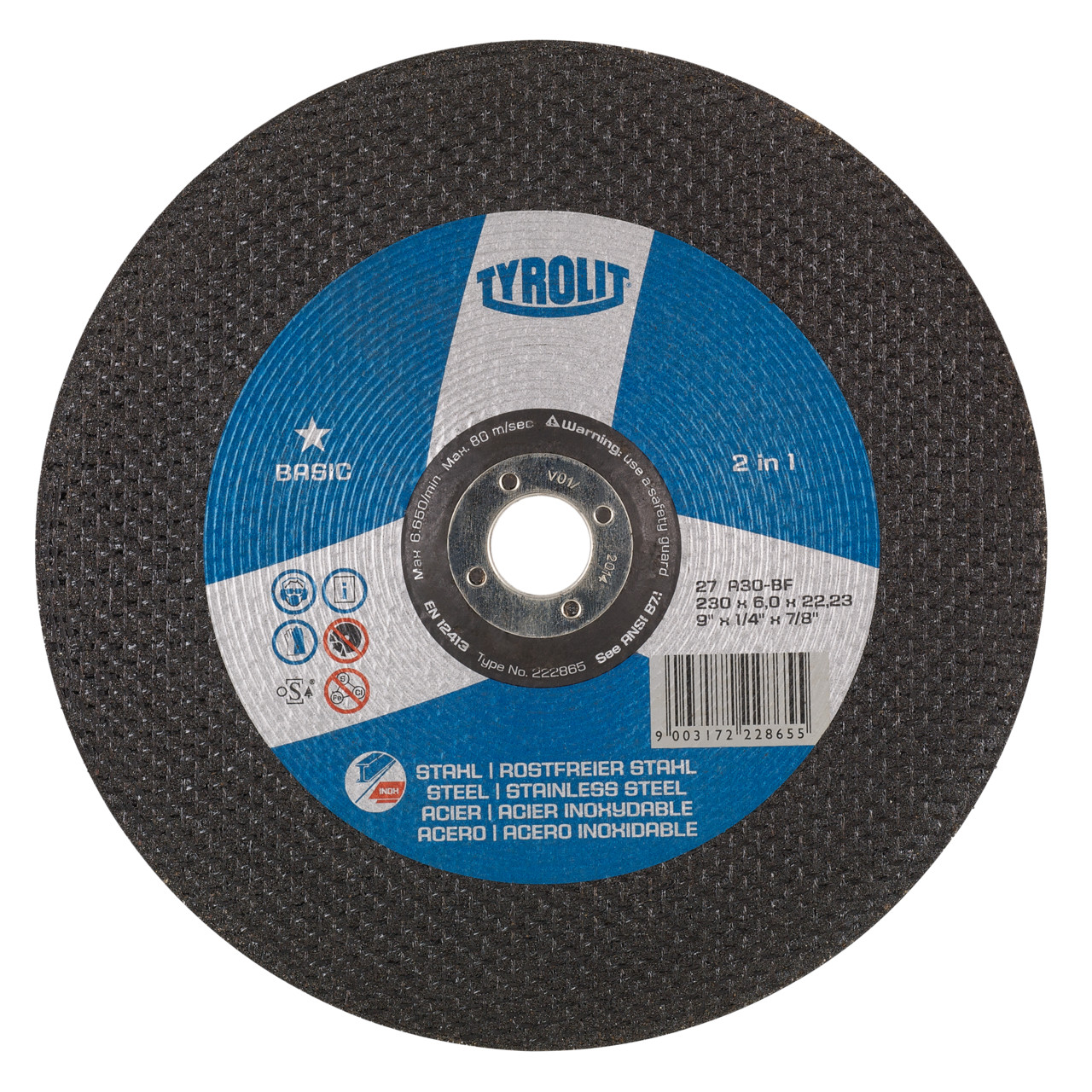 TYROLIT disco de desbaste DxUxH 125x6x22.23 2en1 para acero y acero inoxidable, forma: 27 - versión offset, Art. 222860