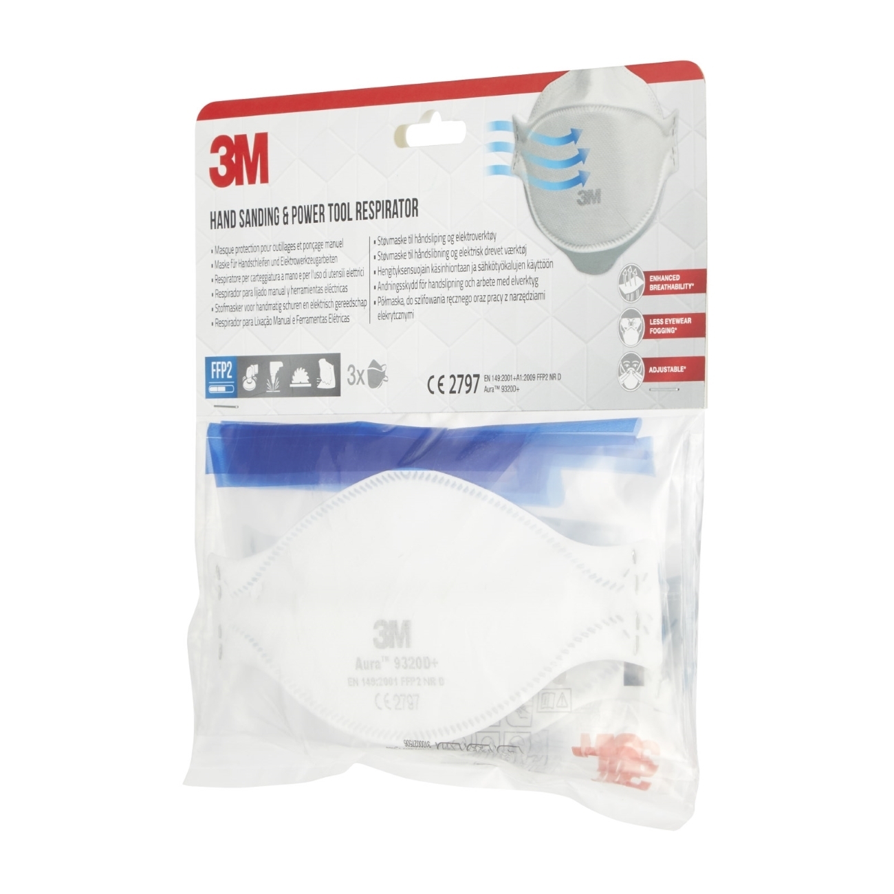 3M 9320D+ Aura respirator FFP2, do 10-kratnik mejne vrednosti, pakiranje = 3 kosi, (higiensko posamično pakirano)