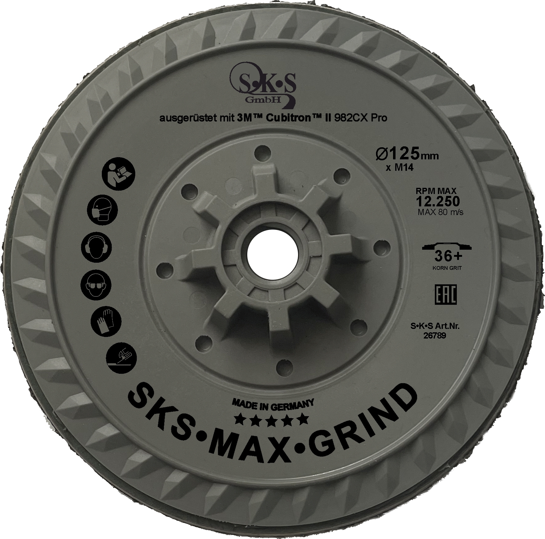 S-K-S Max Grind, 3M Cubitron II vezelschijf 982CX Pro, 125 mm, korrel 36+, met M14 schroefdraadbevestiging