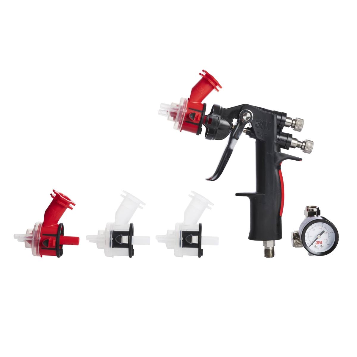 3M Accuspray pressure cup gun HGP, packaging contents: 1x pressure cup gun, 2x nozzle heads 2.0mm red 16609, 2x nozzle heads 1.8mm white 16611, 1 pressure gauge #16587N