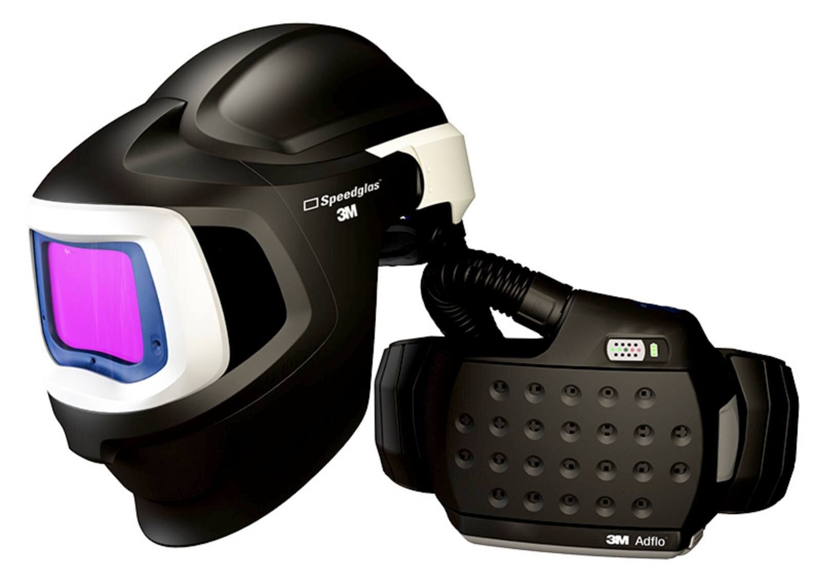 3M Speedglas welding mask 9100 MP, with 9100XXi ADF, with Adflo blower respirator, air hose, adapter, air flow meter, pre-filter, spark arrestor, particle filter, lithium battery, charger, bag #577726