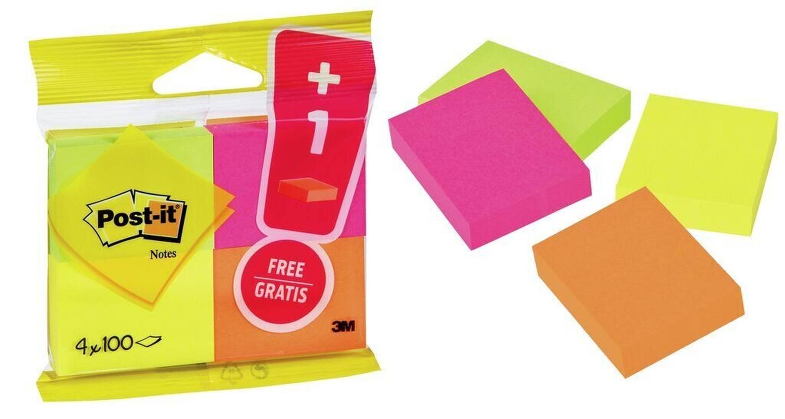 3M Post-it Notes 6812P, 51 mm x 38 mm, neon geel, neon groen, neon oranje, neon roze, 4 pads van elk 100 vellen