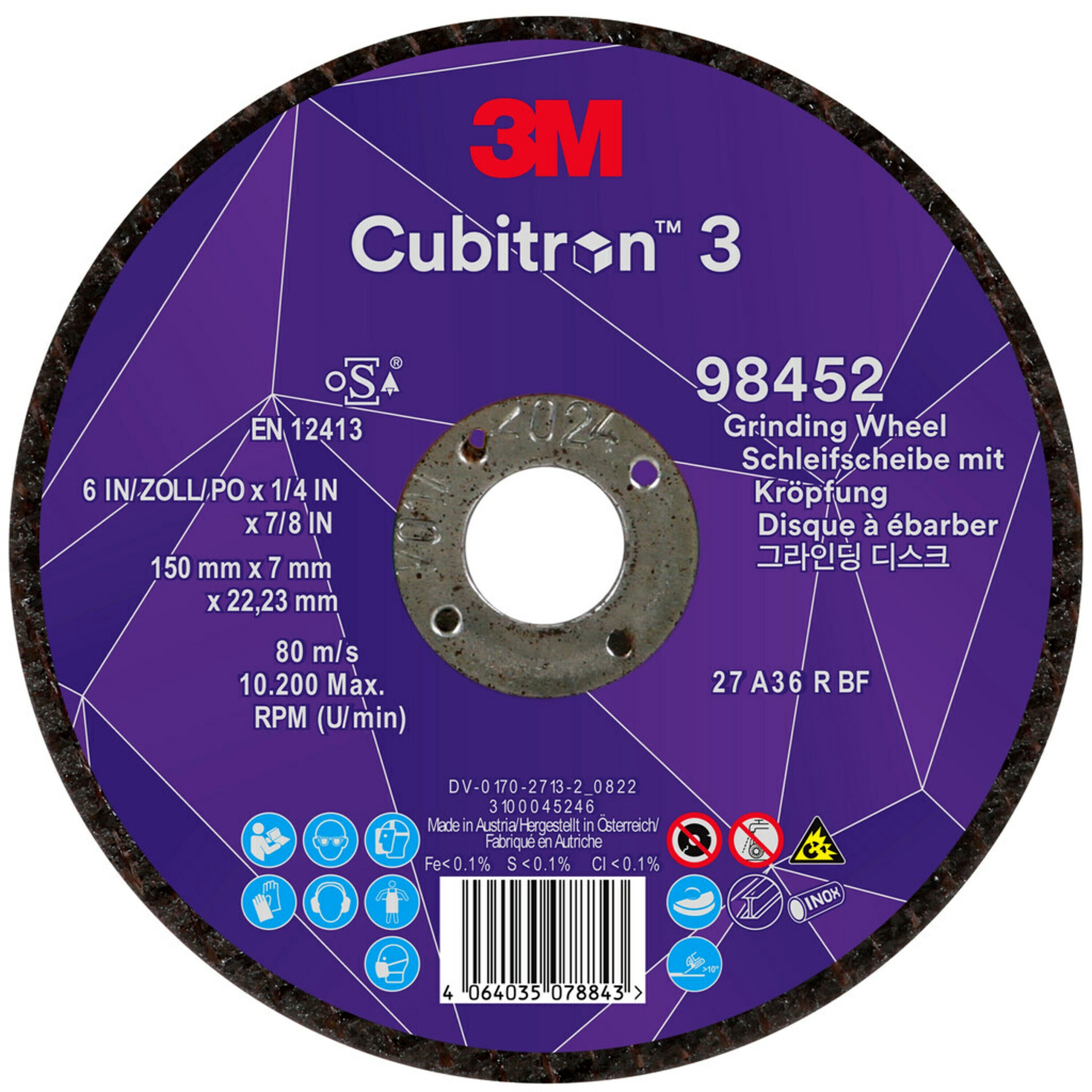 3M Cubitron 3 -hiomalaikka, 150 mm, 7,0 mm, 22,23 mm, 36+, tyyppi 27 # 98452