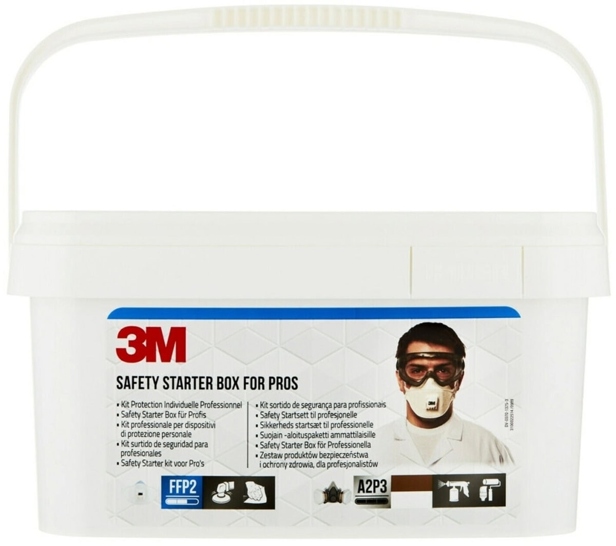 3M Safety Box 1000MCWE Contenu : 1 demi-masque 6200M, 2 filtres à gaz 6055 A2, 2 filtres à particules 5935 P3R, 2 x 501, 2 masques à particules 9322+, 8 bouchons d'oreille 1100, 1 paire de lunettes intégrales 2890SA