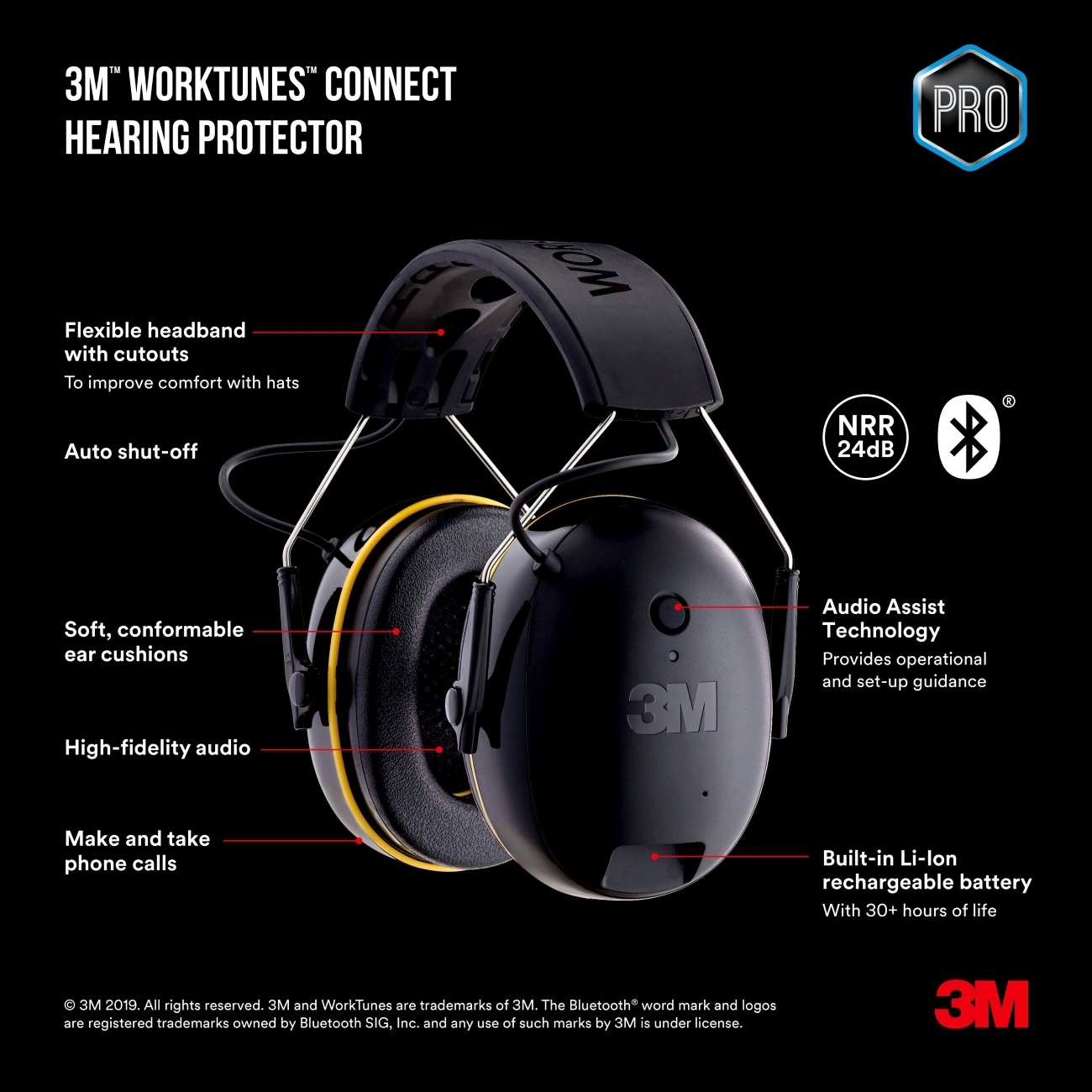 3M WorkTunes Connect Brezžična zaščita sluha s trakom za glavo s tehnologijo Bluetooth, črna, 94-105 dB