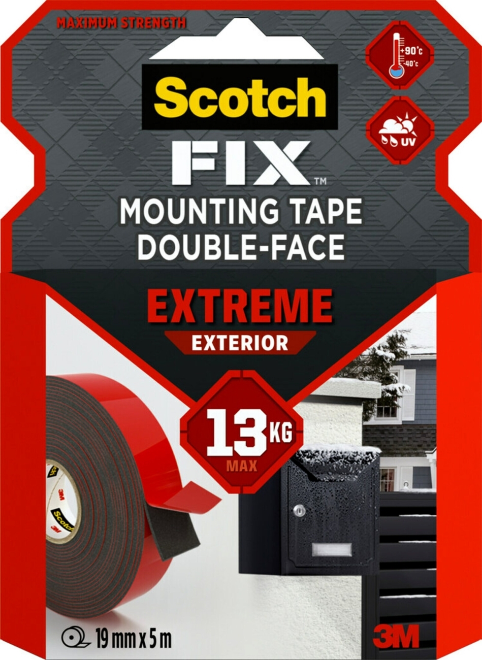 Cinta de montaje exterior 3M Scotch-Fix Extreme, 19 mm x 5 m, Soporta hasta 13 kg, 1 kg/15 cm
