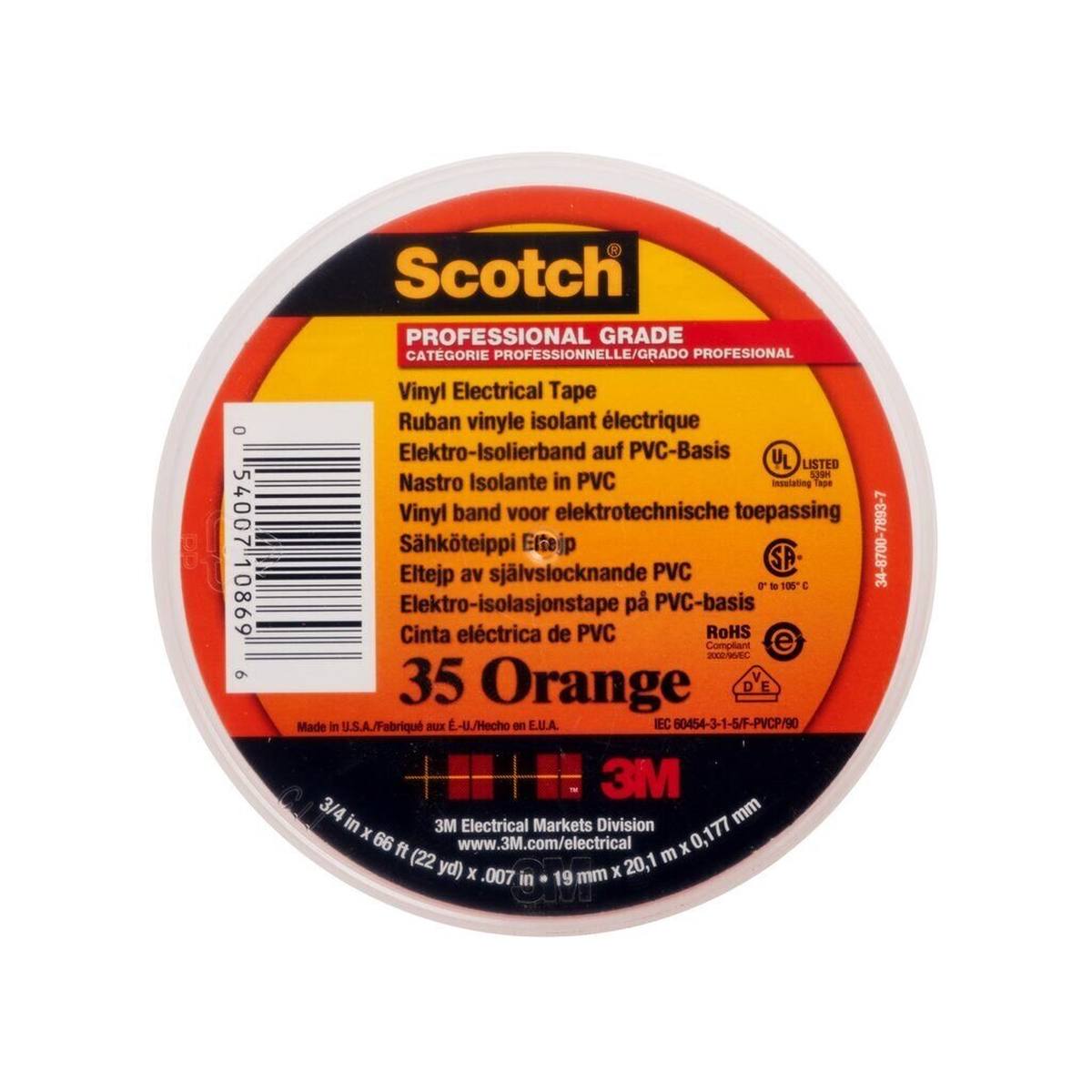 3M Scotch 35 vinyylinen sähköeristysteippi, oranssi, 19 mm x 20 m, 0,18 mm