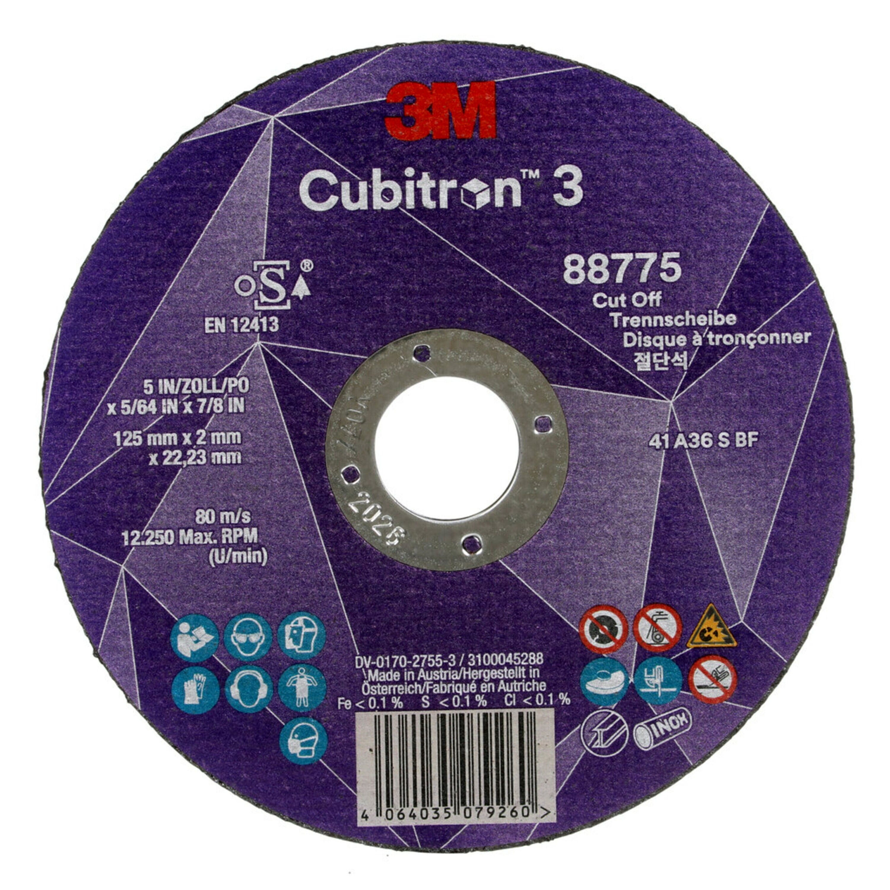 3M Cubitron 3 -leikkuukiekko, 125 mm, 2 mm, 22,23 mm, 36+, tyyppi 41 #88775