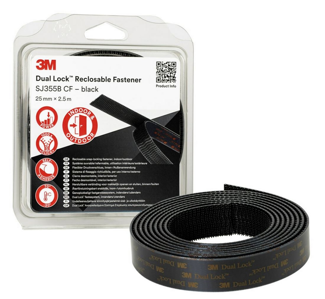 3M Dual Lock flexible pressure seal with high temperature resistance SJ3550, black, 25.4 mm x 2.5 m, 5.7 mm, blister, 40 heads/cm2