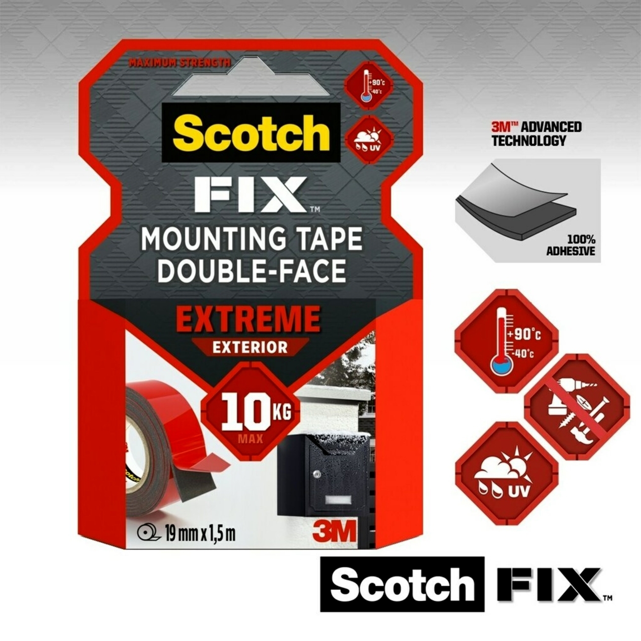 3M Scotch-Fix Extreme zunanji montažni trak, 19 mm x 1,5 m, drži do 10 kg, 1 kg/15 cm