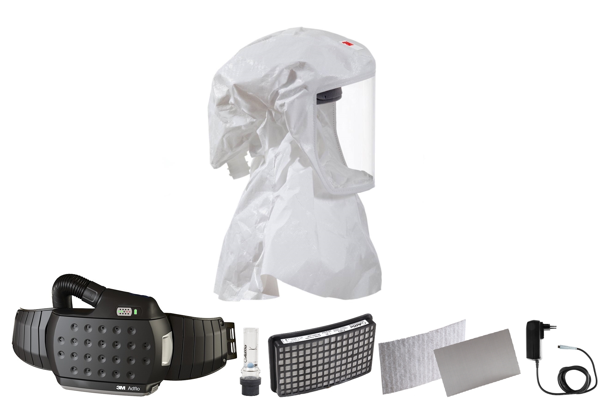 3M Speedglas Versaflo disposable lightweight hood S433S, protection for neck and shoulder, size S/M with Adflo blower respirator with QRS air hose, adapter, air flow meter, pre-filter, spark arrester, particle filter, lithium-ion battery and charger