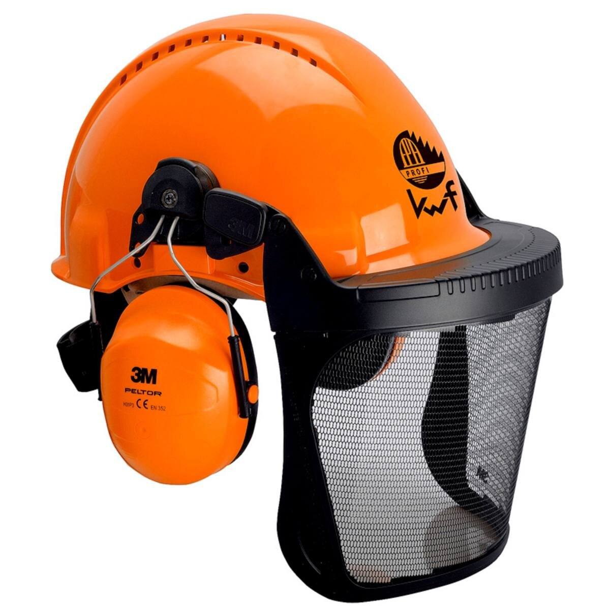 Combinación de protección para la cabeza 3M G3000 3MO315J en naranja con cápsulas H31P3E, sistema de trinquete, visera 5J de metal grabado, banda de sudoración de cuero, logotipo KWF
