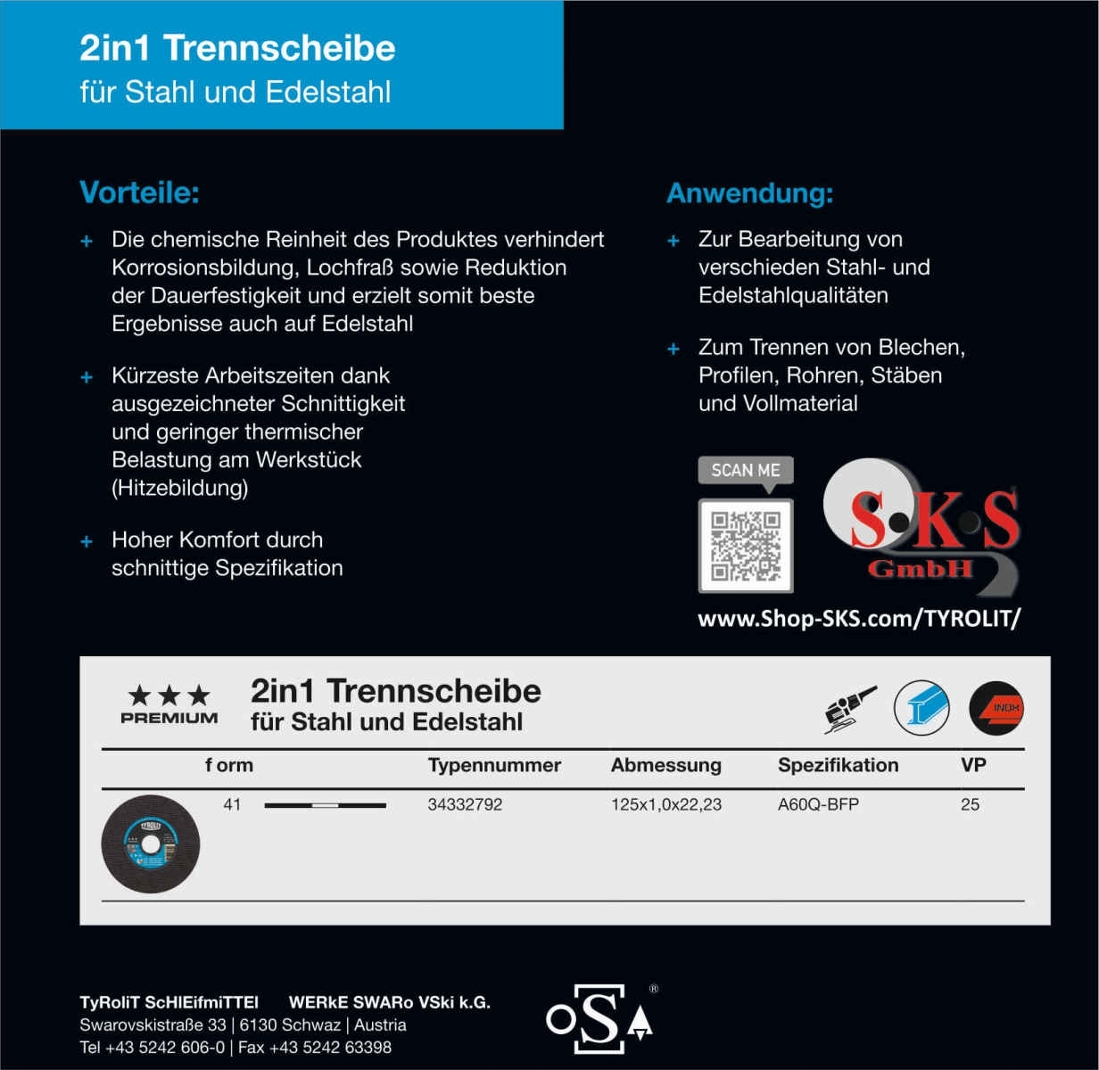 TYROLIT Trennscheiben DxTxH 125x1,0x22,23 Superdünne Trennscheiben für Stahl und Edelstahl, Form: 41 - gerade Ausführung, Art. 34332792 (Prämie)